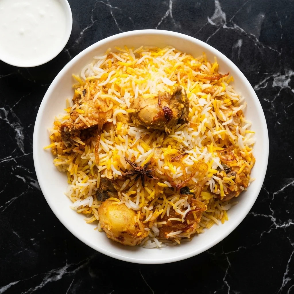Hyderabadi chicken biryani and mutton biryani with basmati rice at Hyderabad Biryani House Vancouver