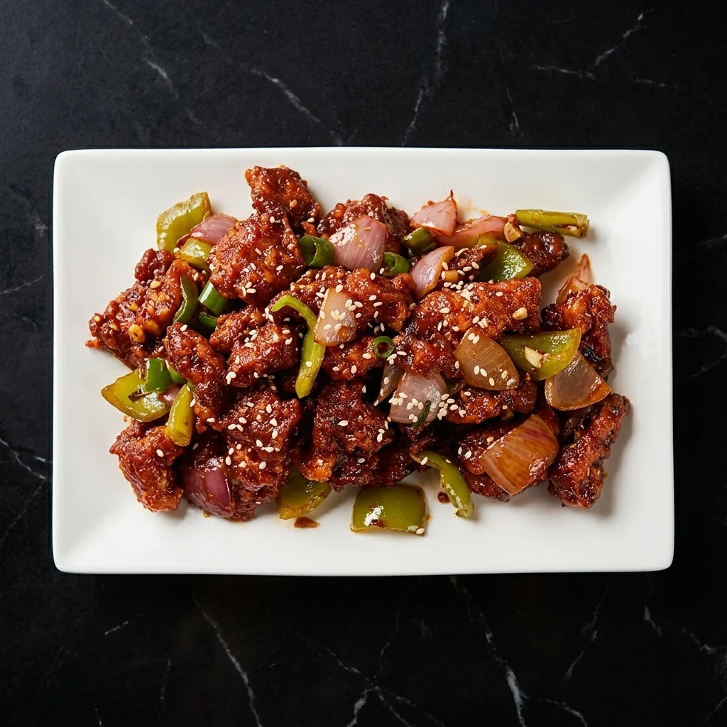 Crispy Indo-Chinese Chilli Chicken with peppers and onions at Hyderabad Biryani House Vancouver